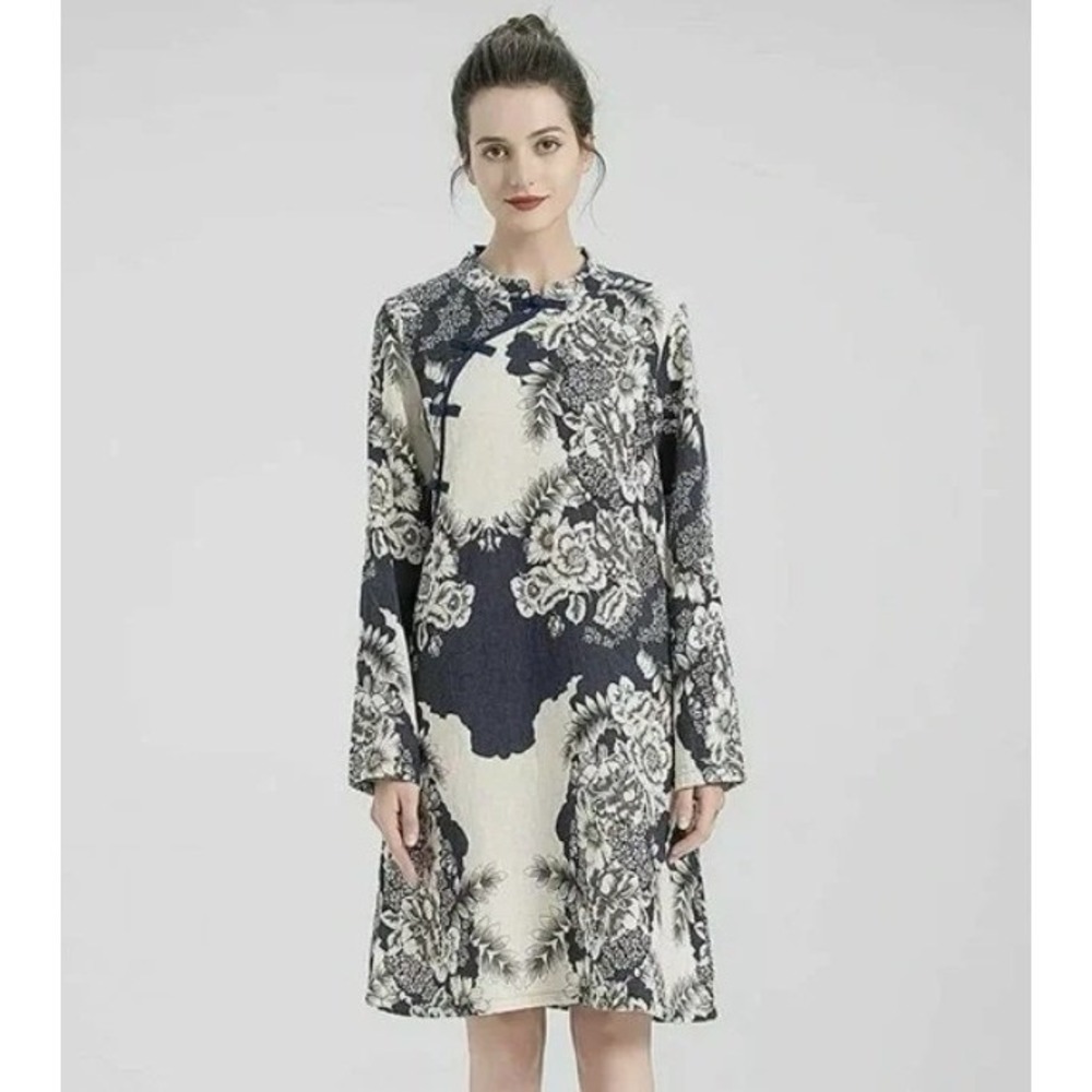 Minibee Asian Inspired Blue Floral Linen Cotton‎ Long Sleeve Dress Pockets Artsy